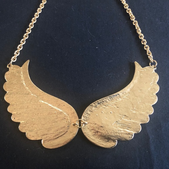 Angel Wings Gold Tone White Crystal Hinged Statement Necklace - Picture 4 of 7